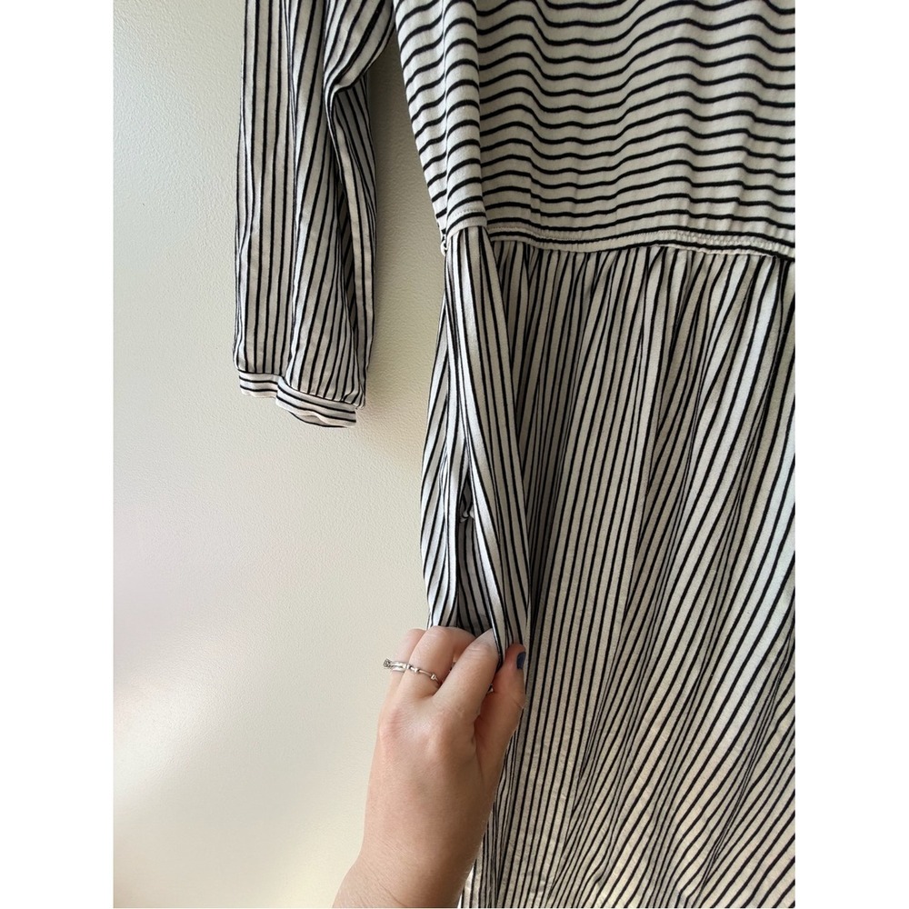 Nautical Minimalist Merokeety Midi Dress L Black White Striped 3/4 Sleeve Pocket - Picture 5 of 7